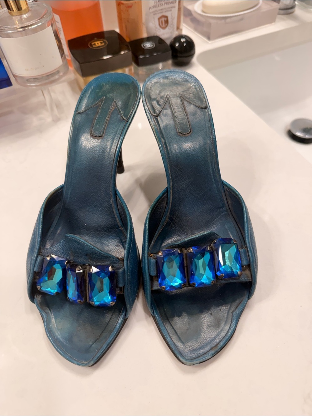 Baldinini Vintage Blue Jewel-Embellished Slide Heels
